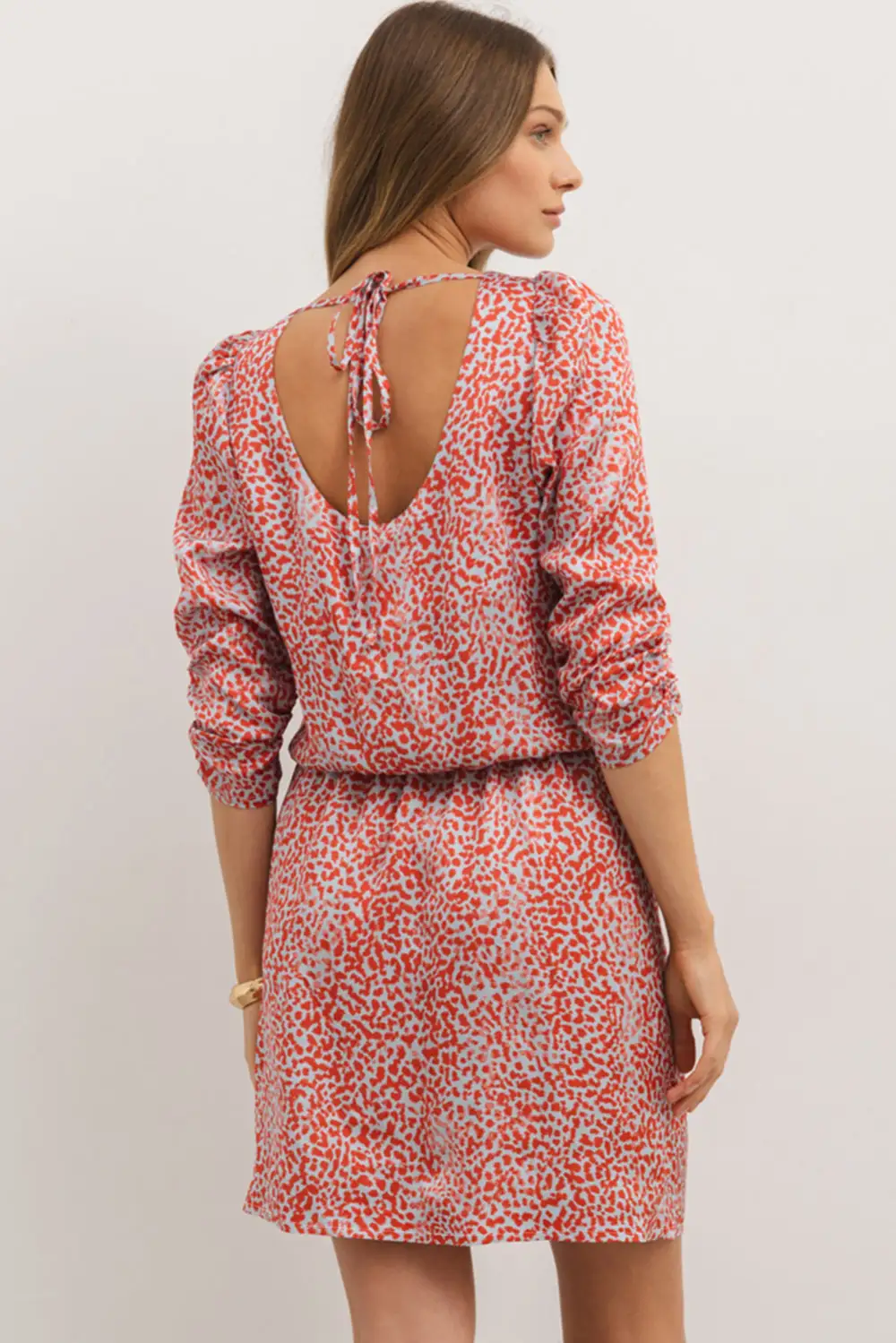 Leopard Print Long Sleeve Hollowed Back Split Mini Dress