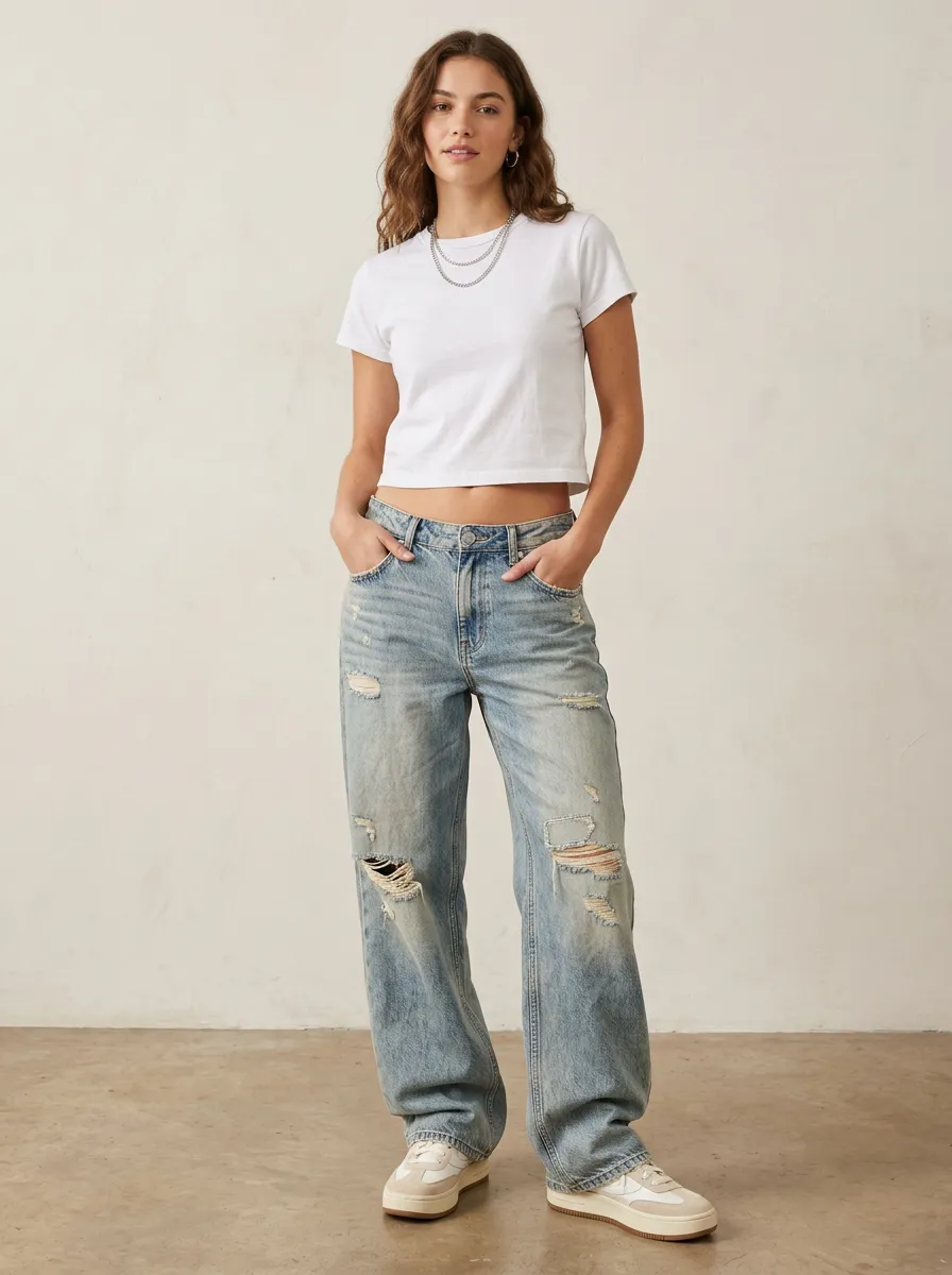 Women's Modern Casual Distressed Wide Leg Denim Baggy Jeans