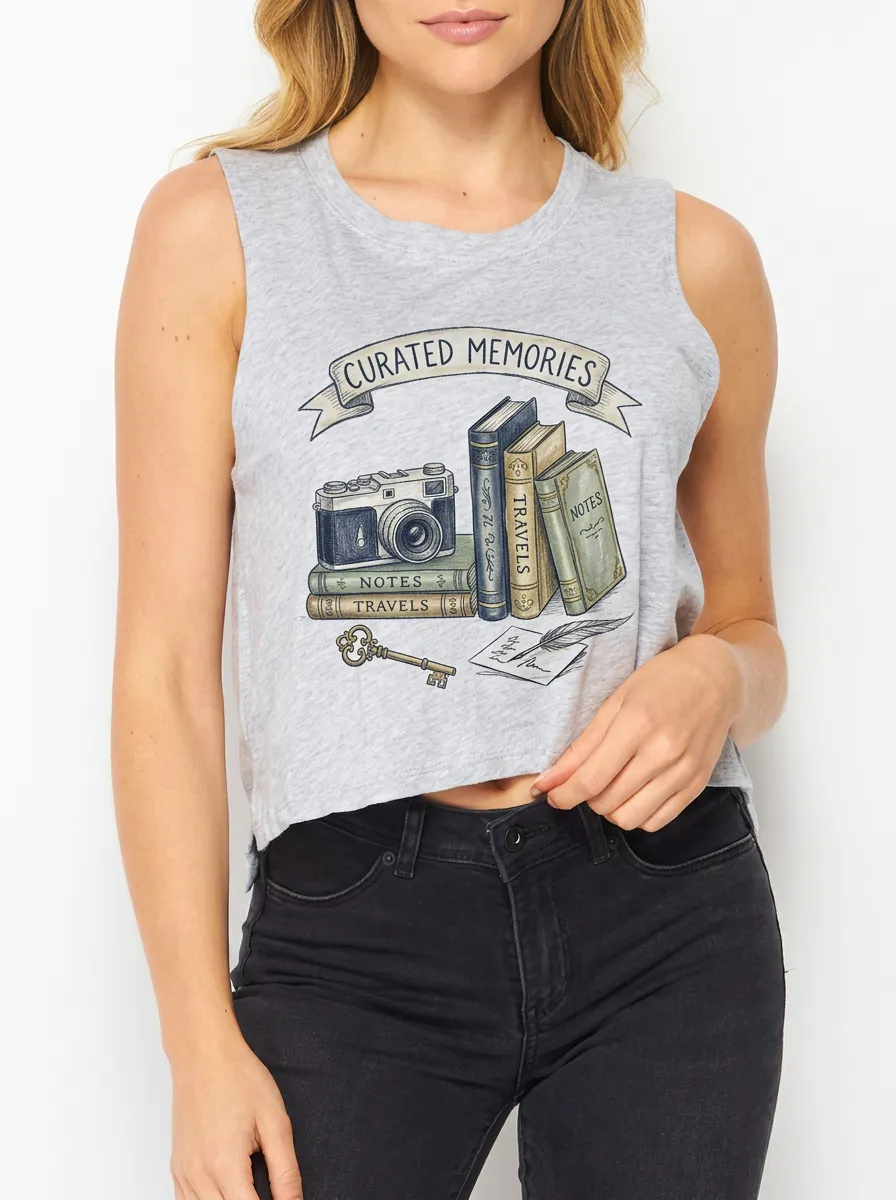 Women's Travel Book-Inspired Curated Memories Printed Crop Tank Top
