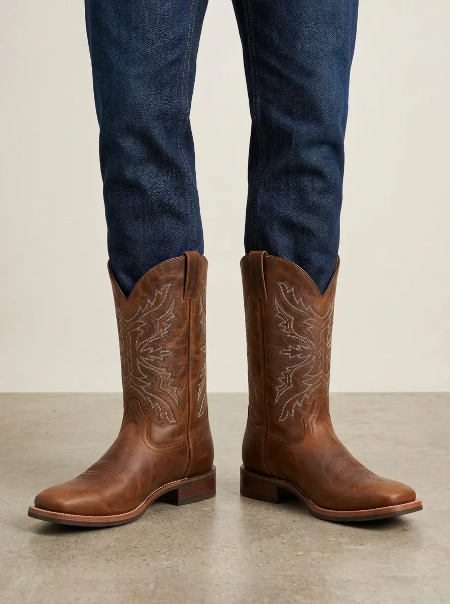 Men's Heritage Western Brown Leather Embroidered Printed Boots