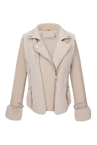 Women Faux Leather Jacket Short Belted Fall Winter Fashion Warm Casual Moto Biker Coat Shaggy Fur Hooded Outwear