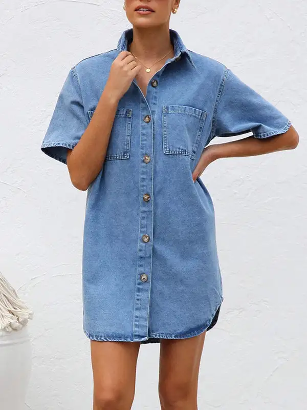 Relaxed Short Sleeve Split Joint Lapel Mini Dress Shirt Dress