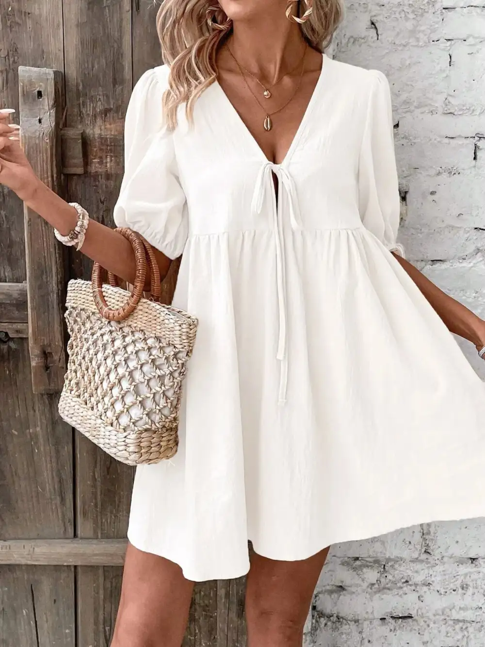 V Neck A Line Mini Dress