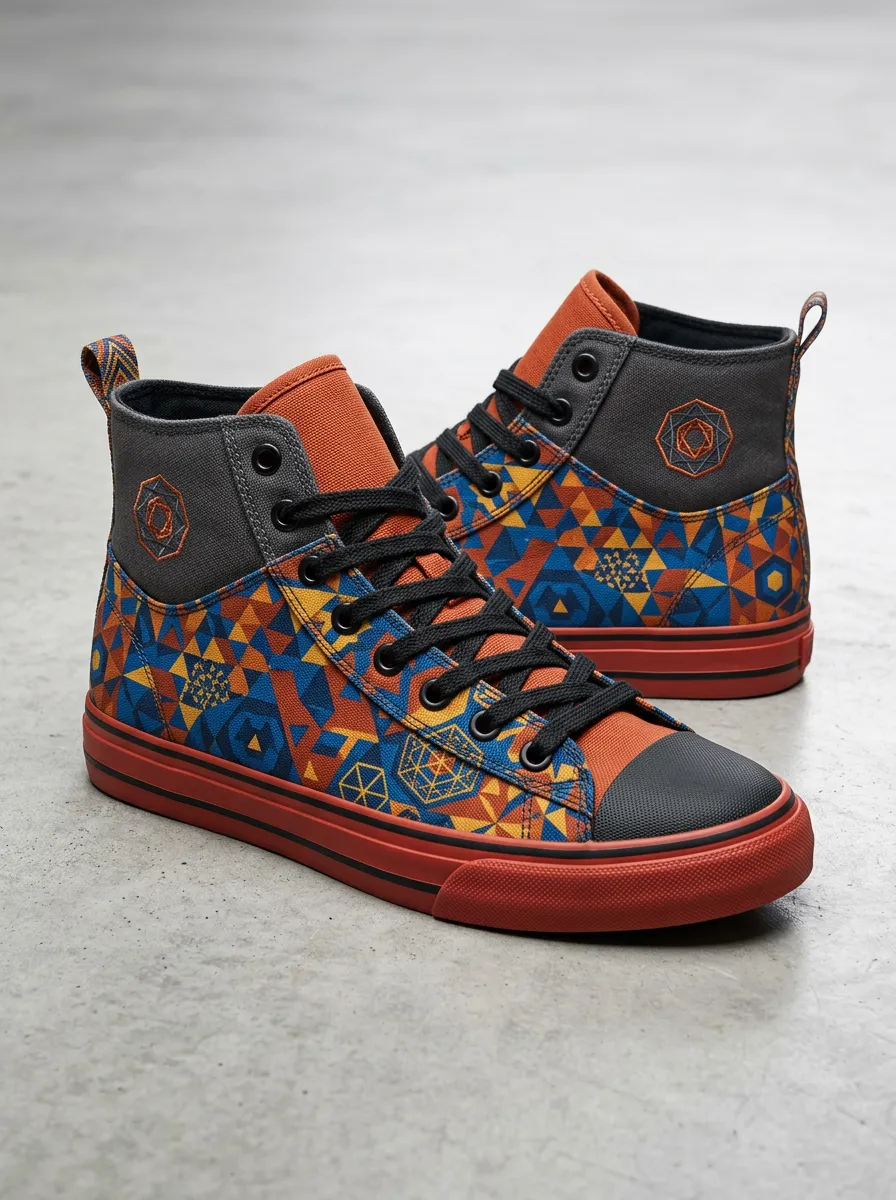 Men's Geometric Pattern Orange Blue Printed Canvas Shoes