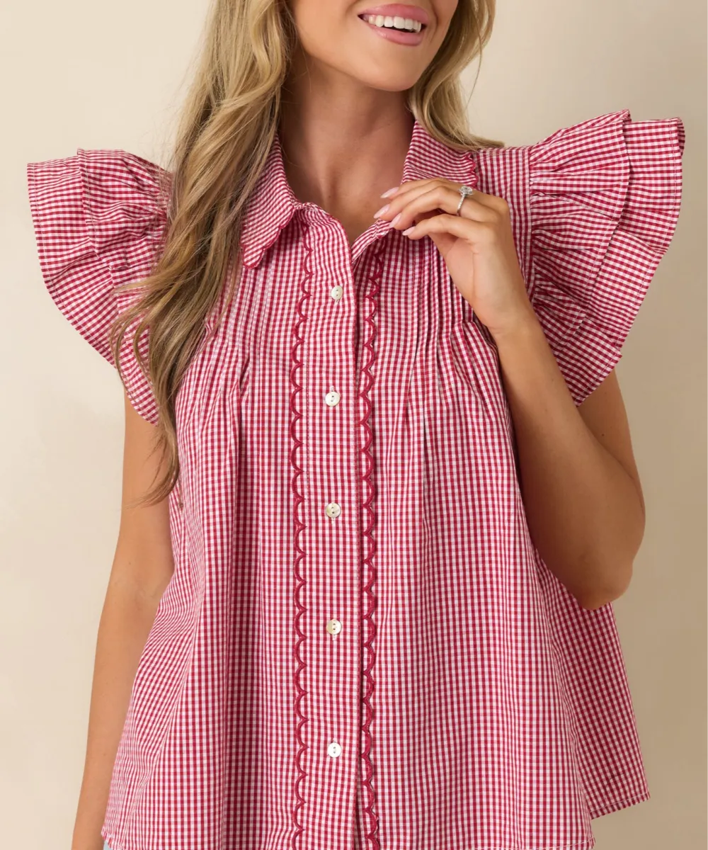 Button-Front Short-Sleeve Flutter-Sleeve Scalloped Blouse