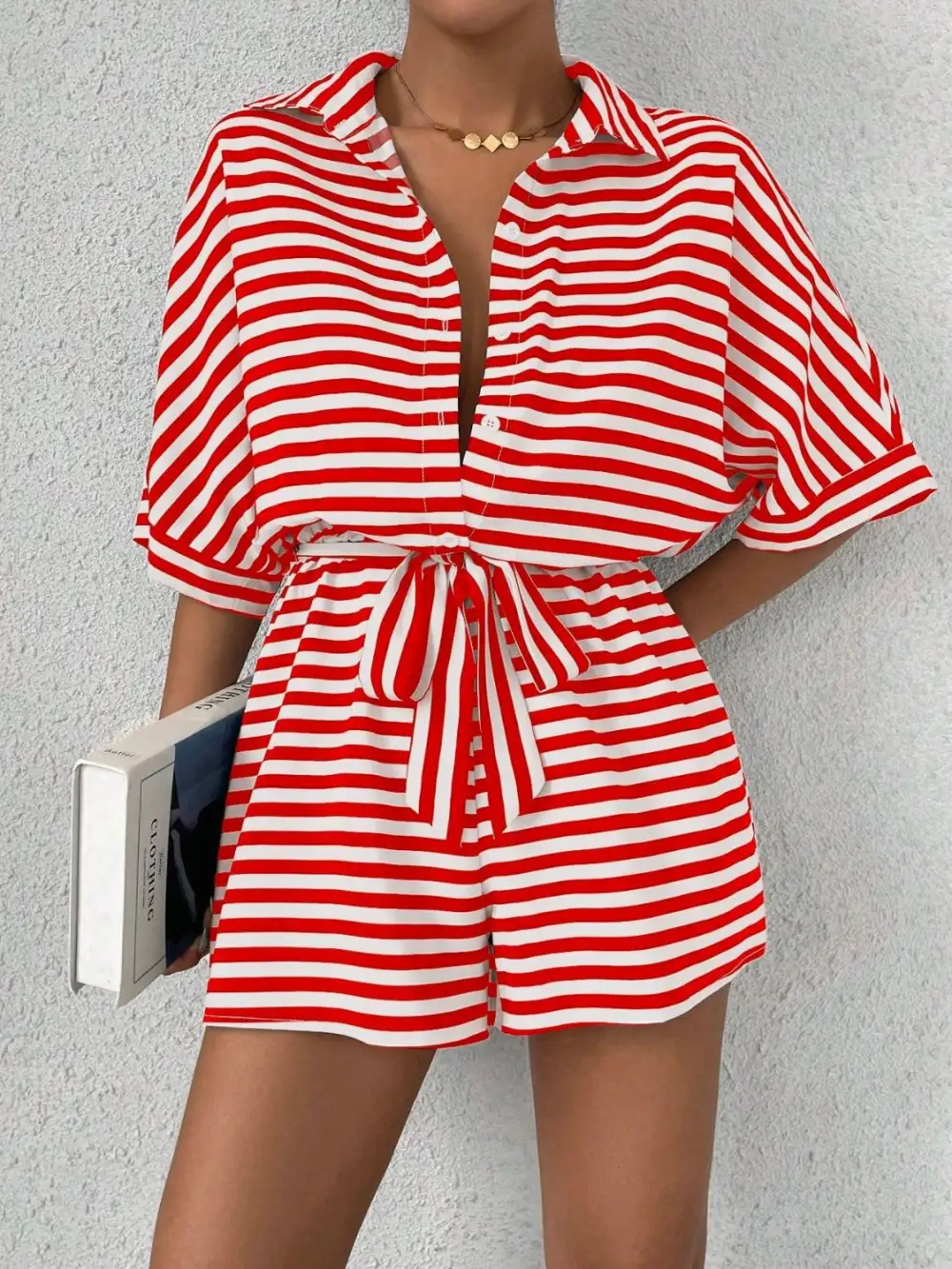 Tie Waist Half Button Romper