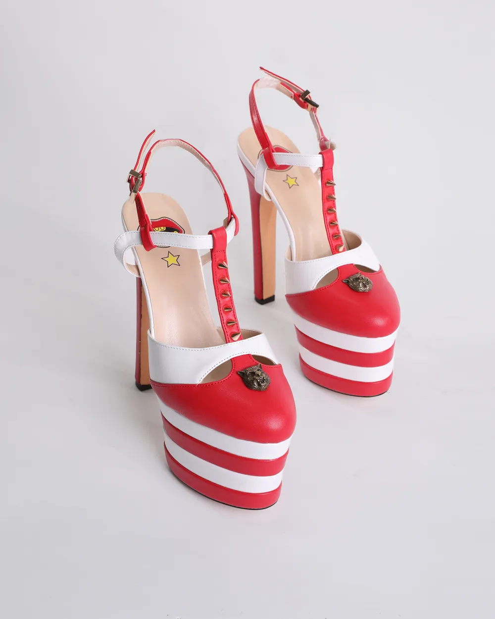 Vintage Stripe Rivet Strap Platform Heels in Red