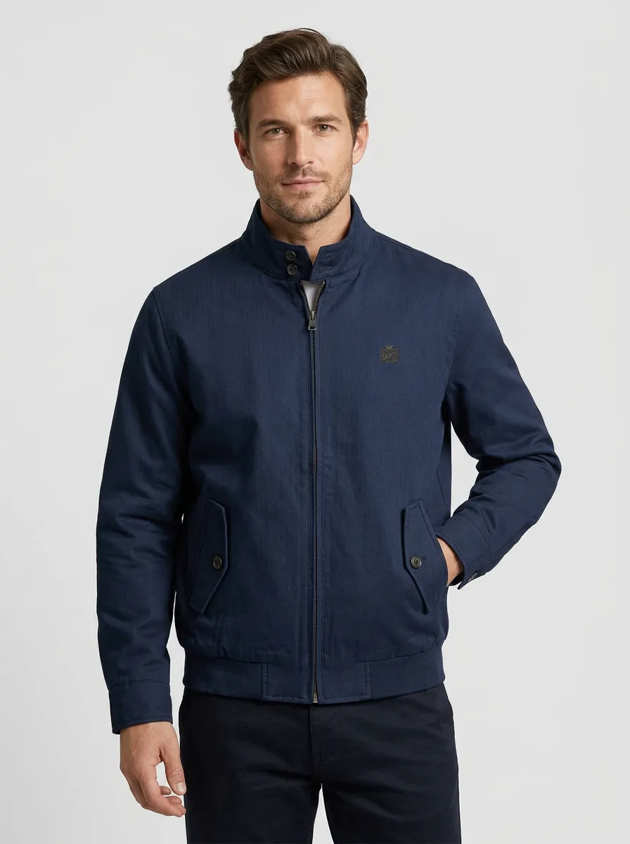 Men's Casual Navy Stand Collar Embroidered Zip-Up Jacket