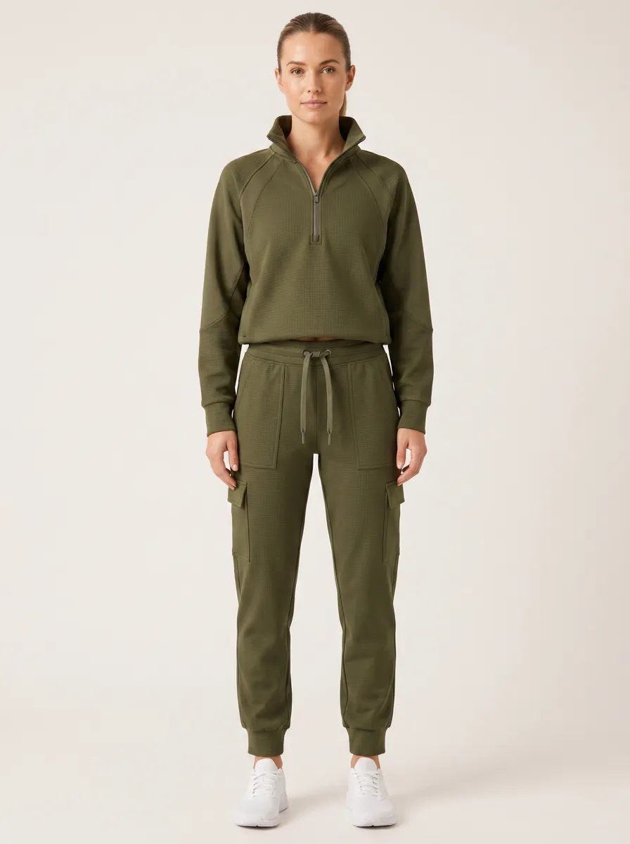 Women's Olive Waffle Knit Quarter-Zip Cargo Jogger Set
