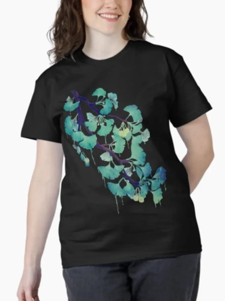 Women's Ginkgo Leaf Watercolor Print Short-Sleeve Crew Neck T-Shirt