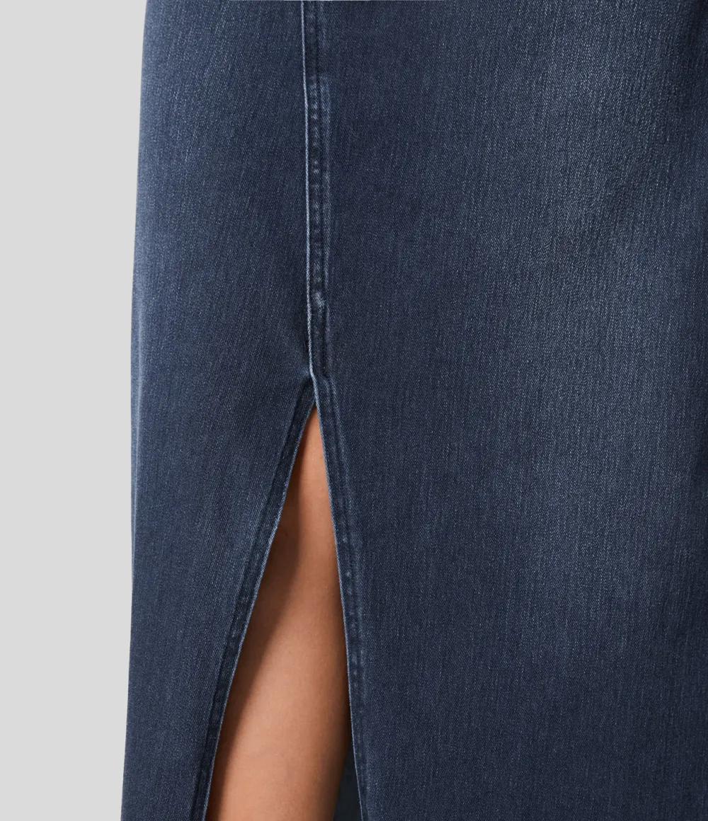 Magic Mid Rise Button Zipper Multiple Pockets Split A Line Stretchy Knit Denim Maxi Casual Skirt