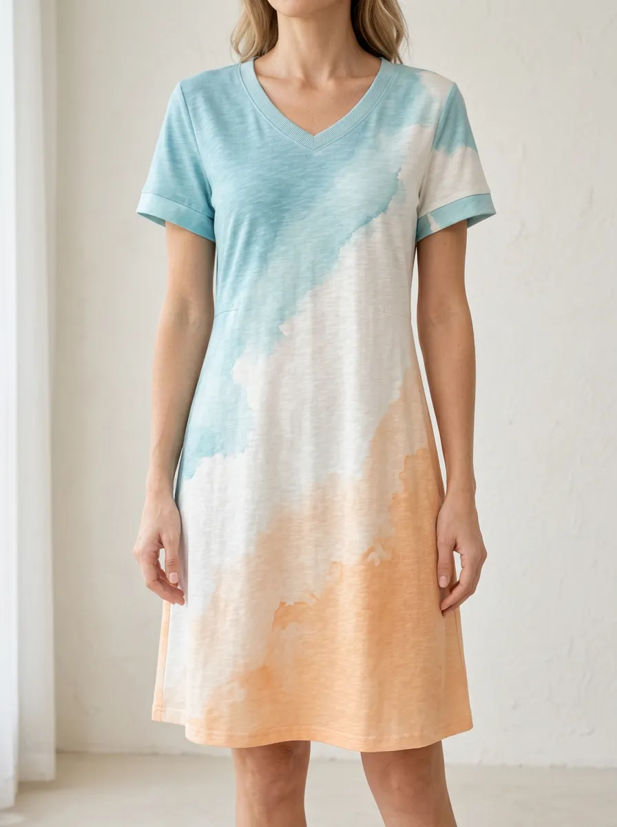 Women's Blue and Peach Watercolor Printed V-Neck Dress