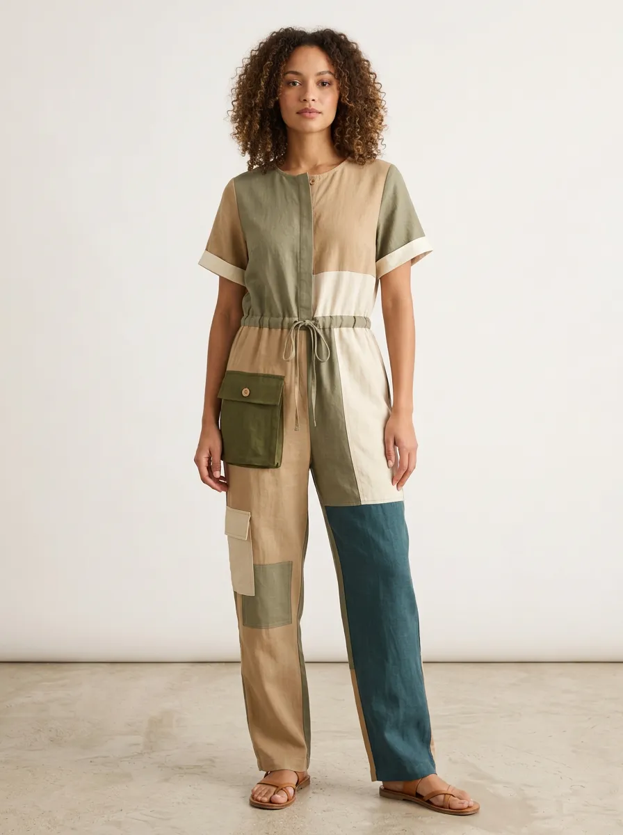 Women's Casual Earth Tone Patchwork Colorblock Utility Jumpsuit
