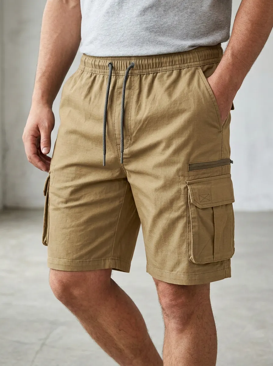 Contemporary Multi-Pocket Drawstring Cargo Shorts