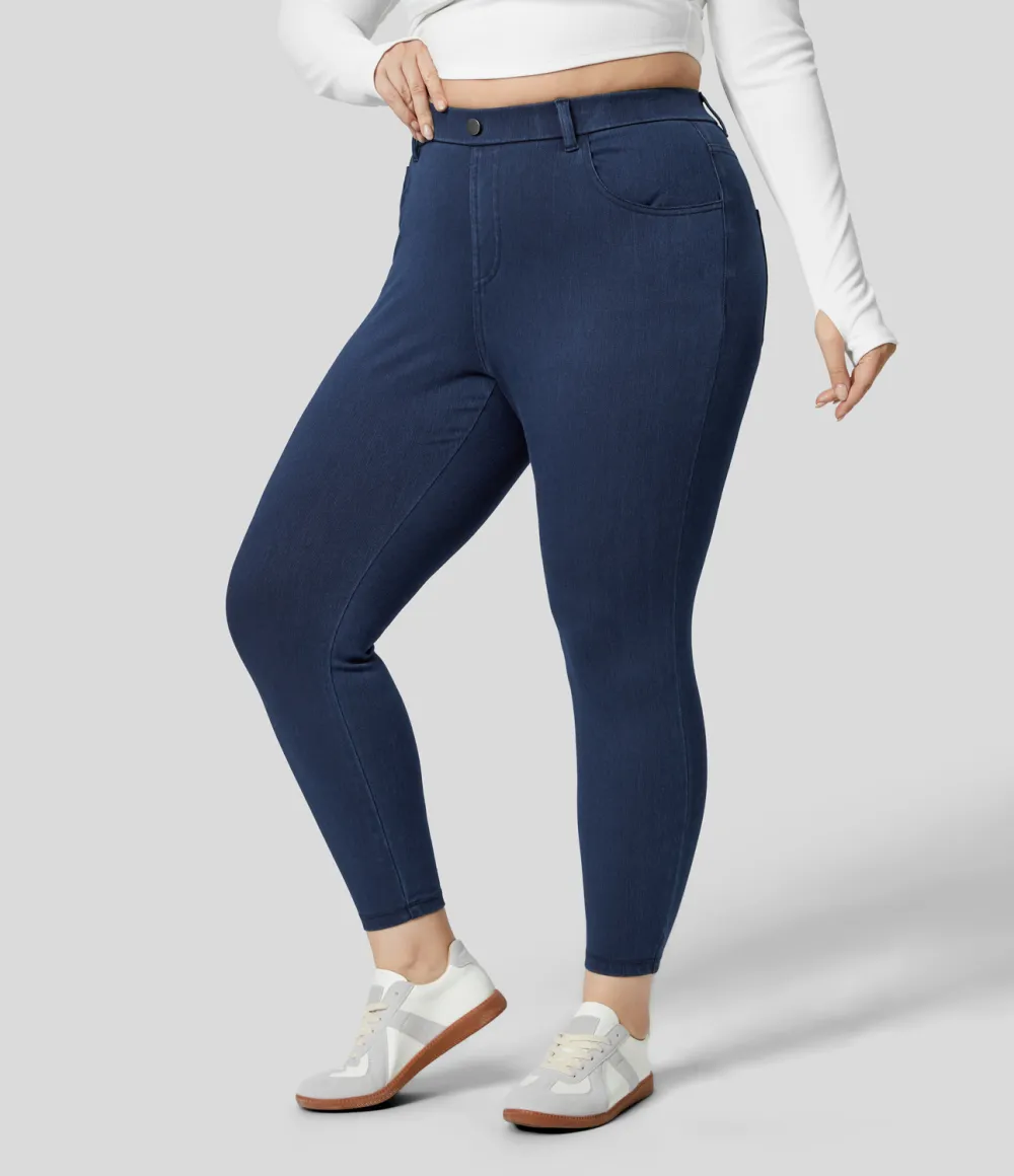 Magic High Waisted Multiple Pockets Stretchy Knit Denim Work 7/8 Plus Size Leggings