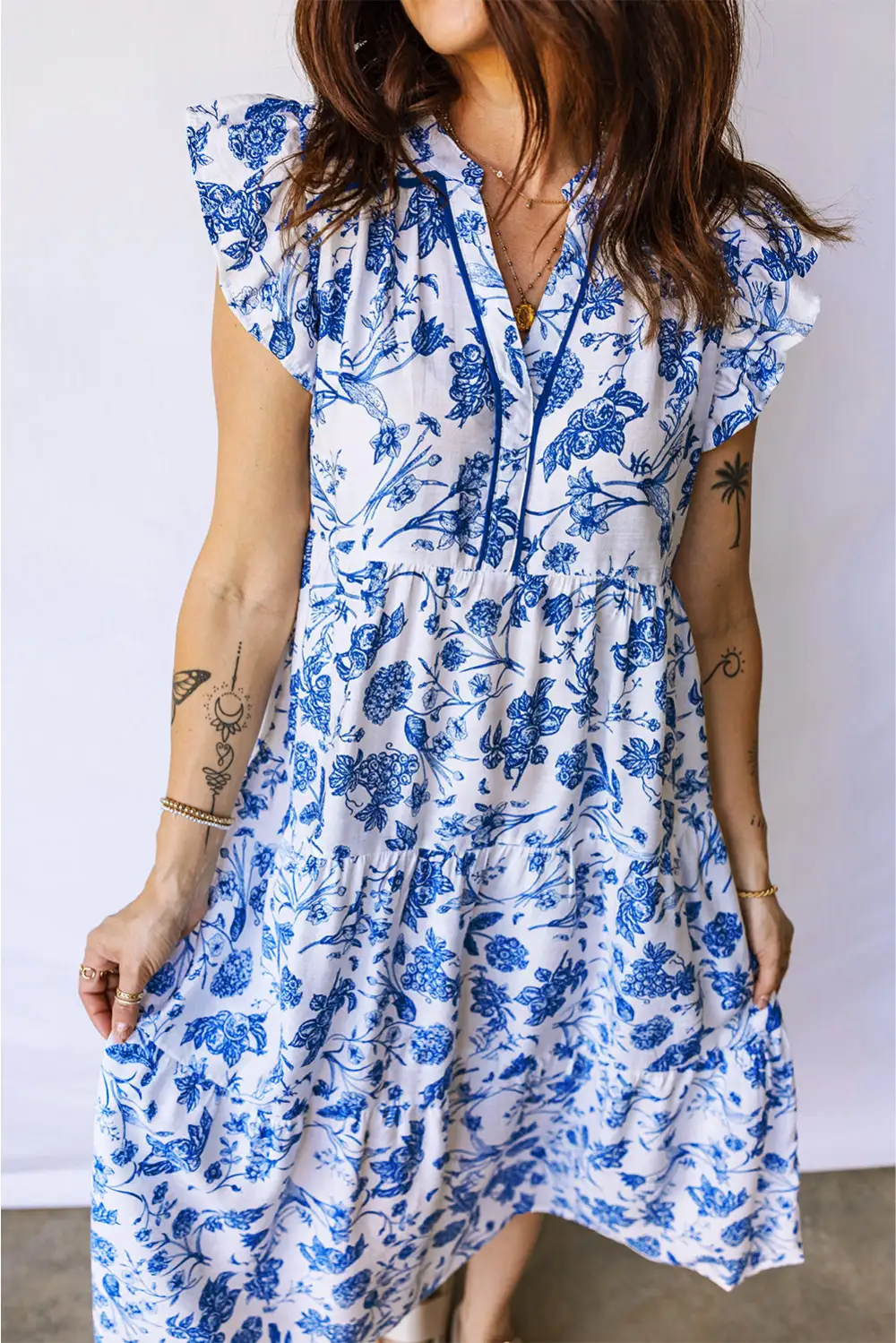Polished Detail Floral Ruffle Tiered Midi Dress