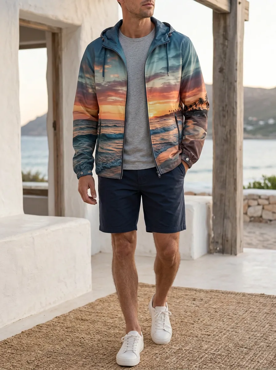 Men's Beach Lover Tropical Sunset Printed Jacket