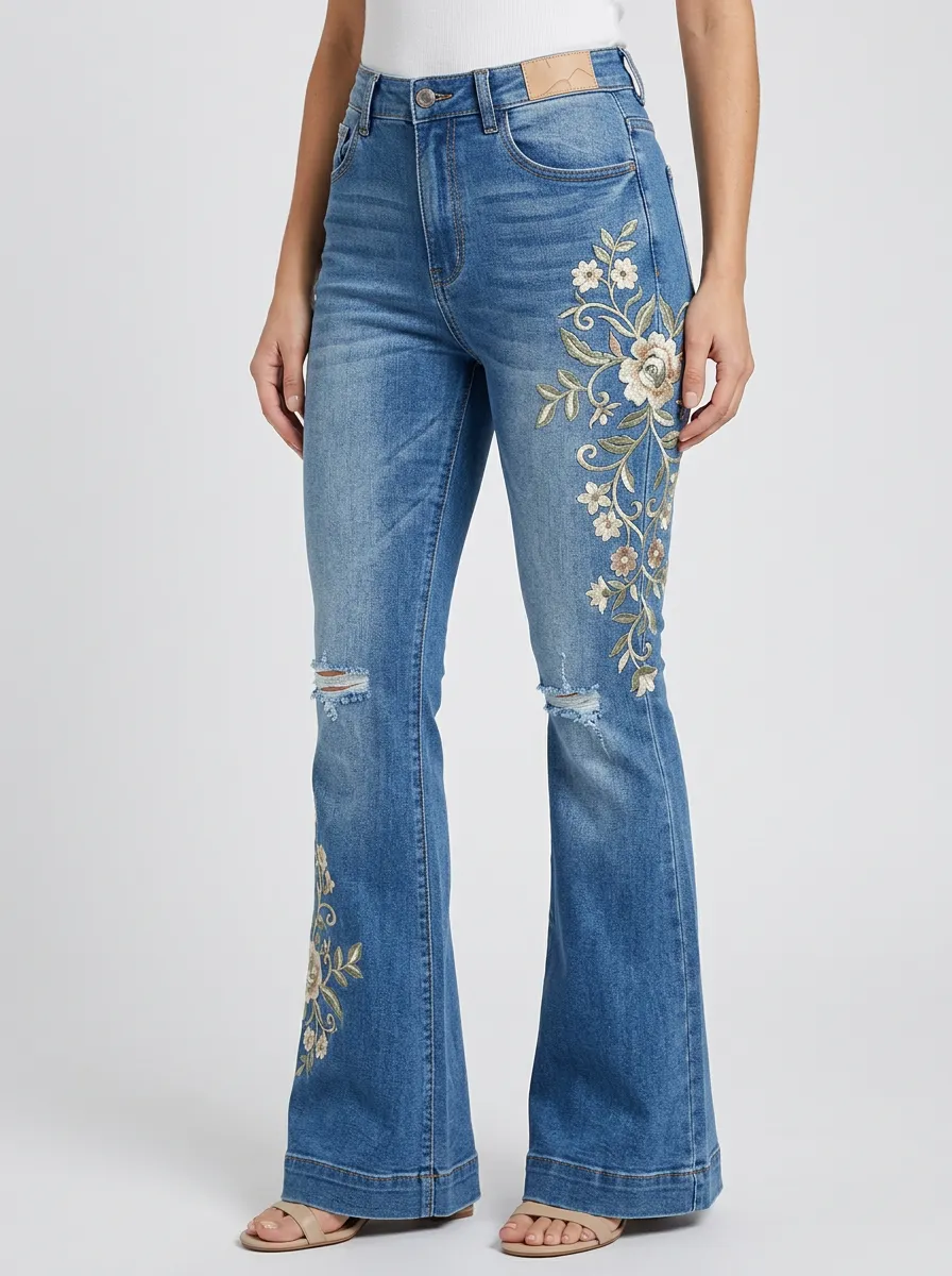Women's Vintage Garden Medium Wash Floral Embroidery Flare Jeans