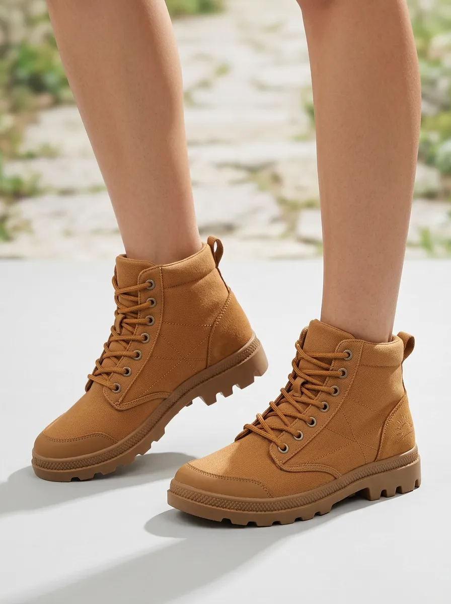 Sun-Motif Canvas Hiking Boots