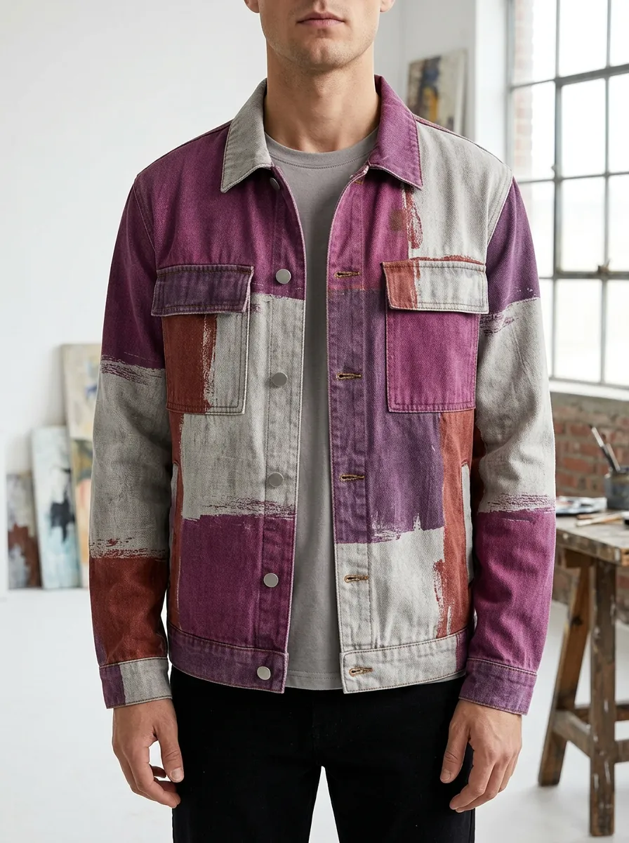 Men's Abstract Art Style Purple Patchwork Printed Jacket