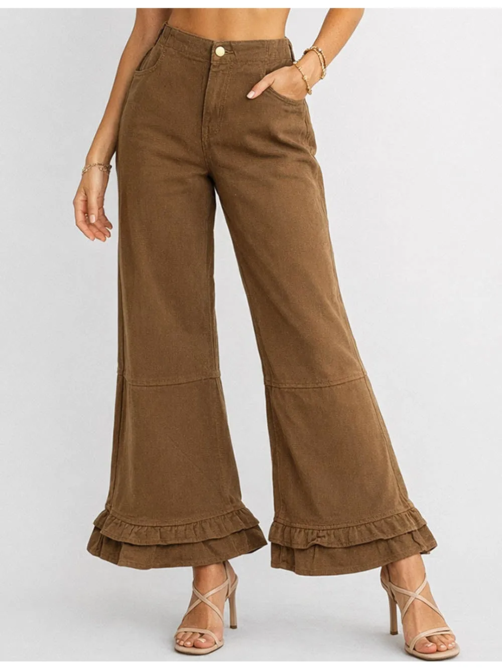 Ruffle Hem Jeans Elastic Waist Wide Leg Denim Pants