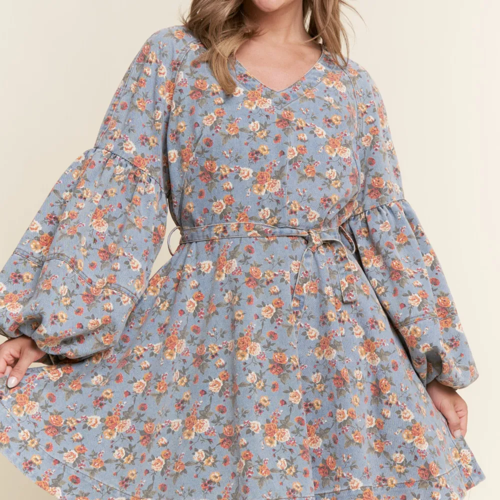 Floral Denim Balloon Sleeve Dress