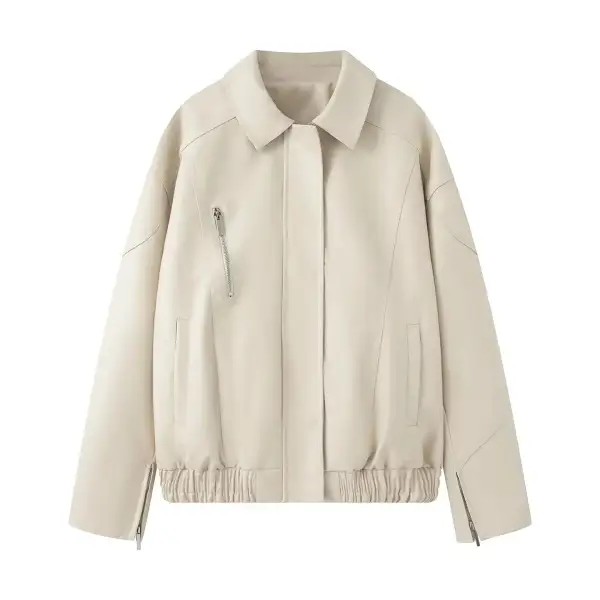 Oversized Faux Leather Zip Front Elastic Hem Bomber Jacket