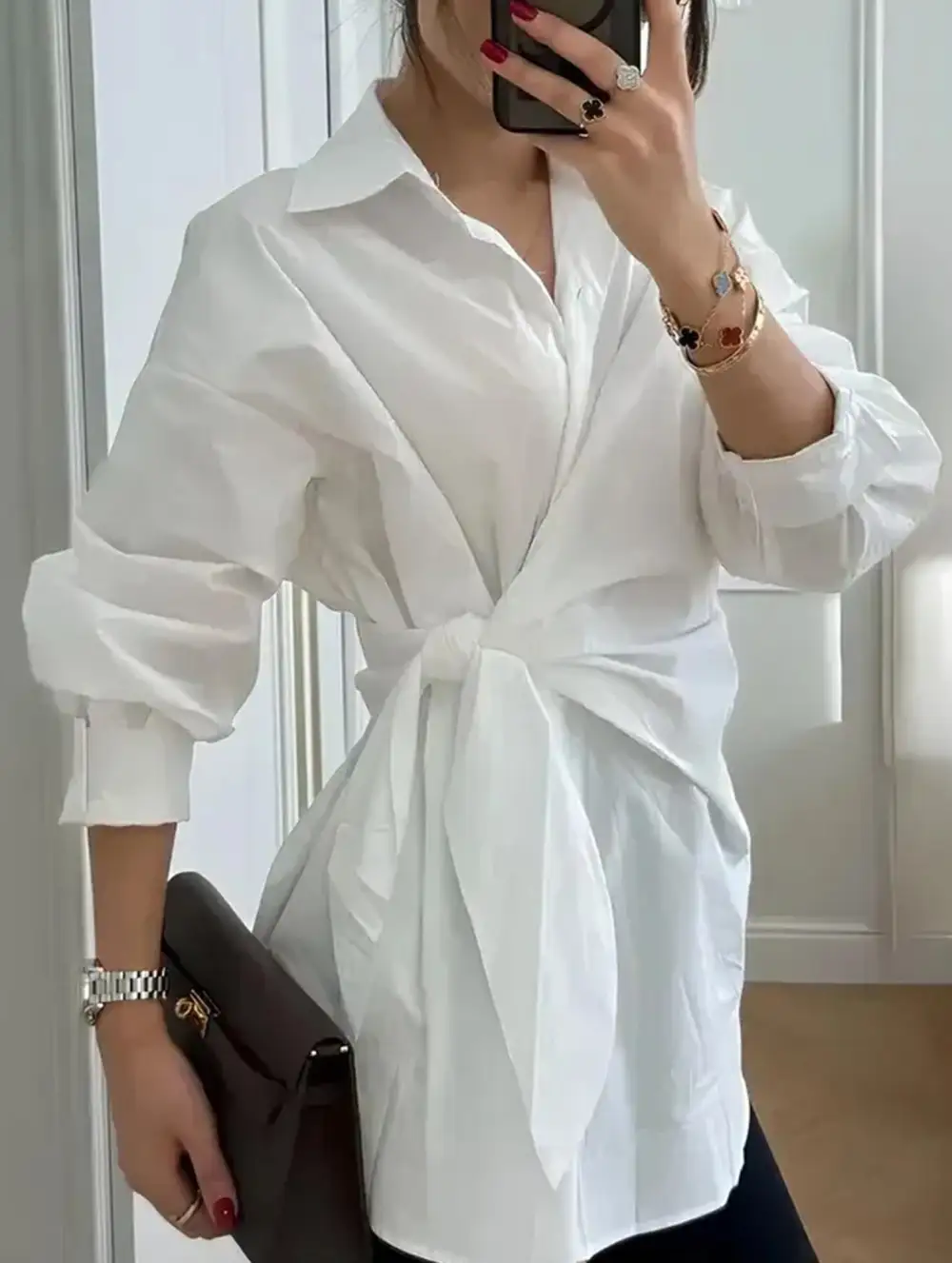Lapel Button Tie Waist Slim Shirt