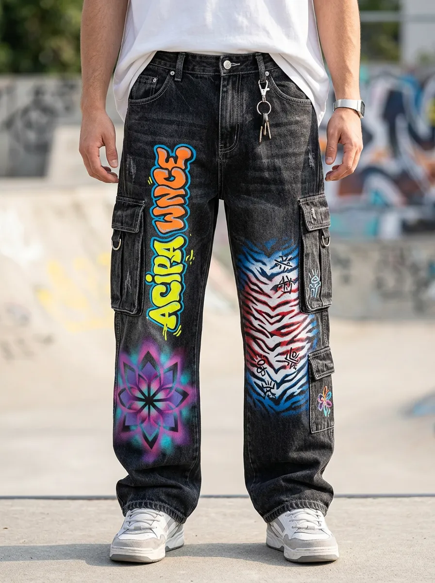 Men's Streetwear Graffiti Tiger Mandala Graphic Cargo Jeans