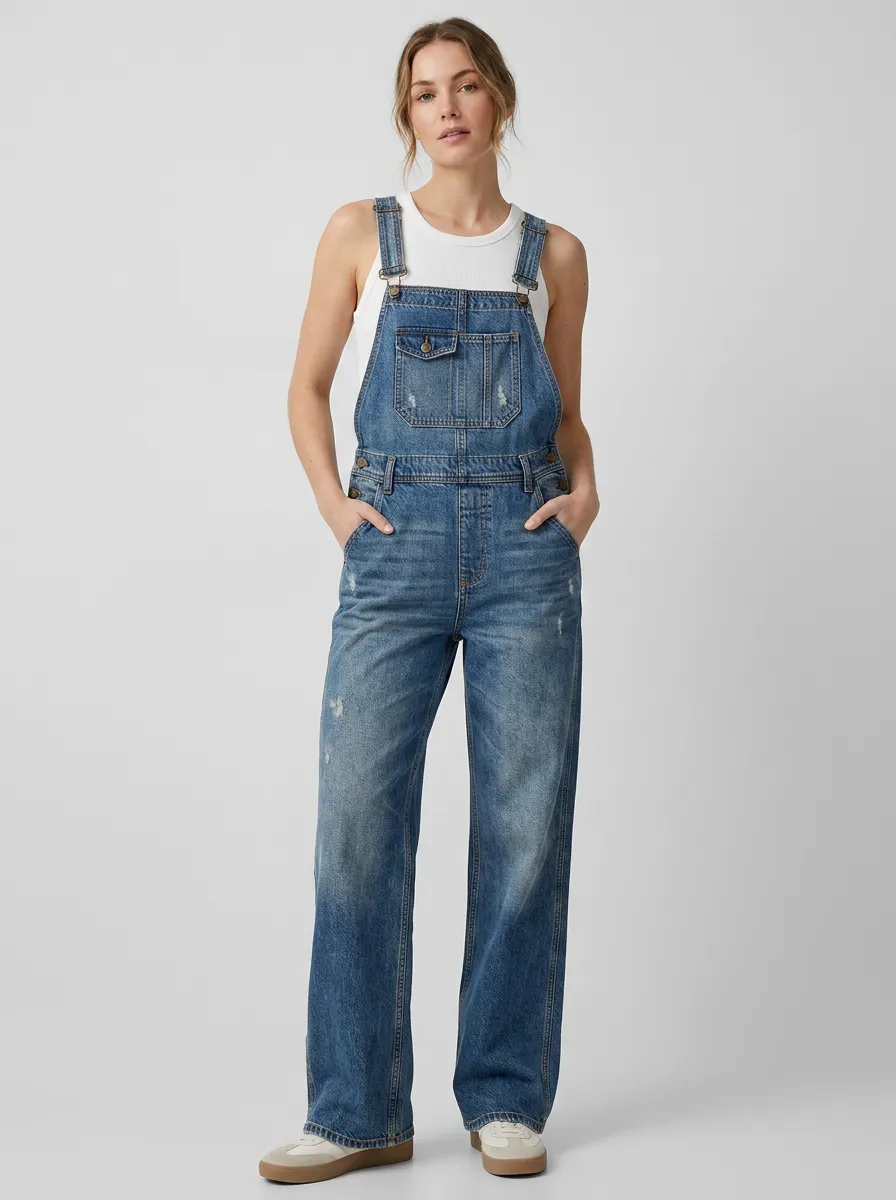 Women's Distressed Denim Dungarees