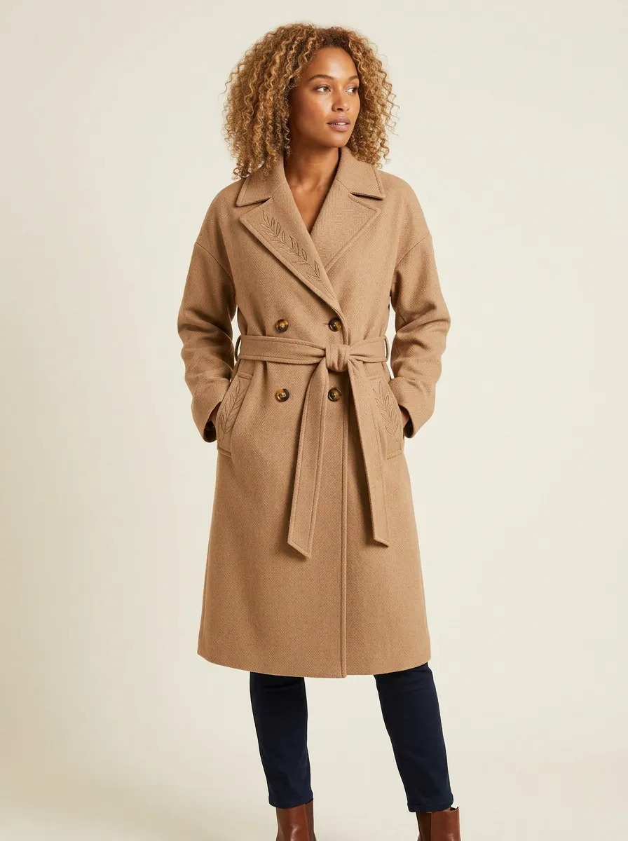 Women's Leaf Embroidered Printed Trench Coat