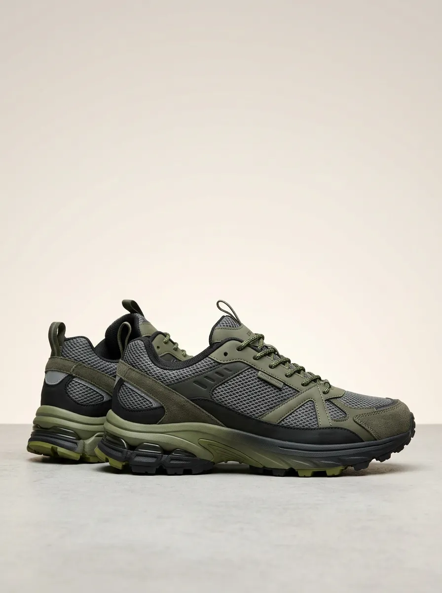 Chunky Hiking-Inspired Mesh-Panel Casual Sneakers