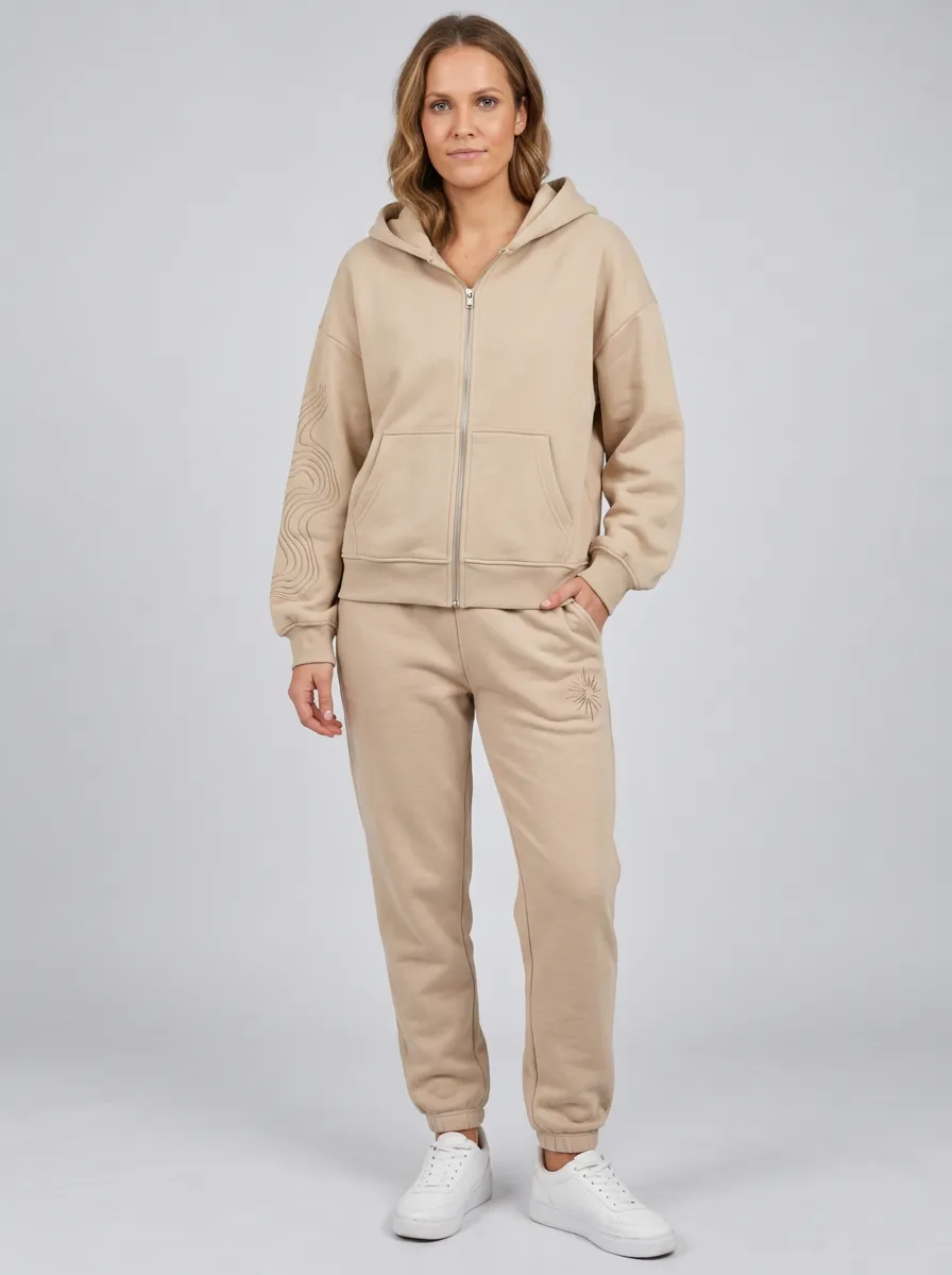 Women's Beige Sun Wave Embroidered Zip-Up Hoodie Jacket & Jogger Set