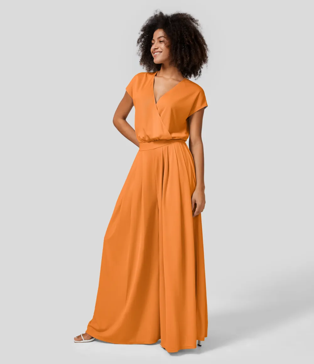 V Neck Short Sleeve Plicated Side Pocket Wide Leg Flowy Waffle Casual Jumpsuit