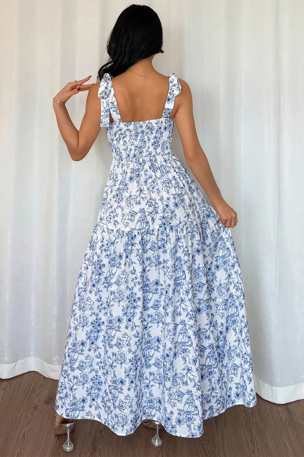 Sky Floral Print Knot Straps High Waist Flared Maxi