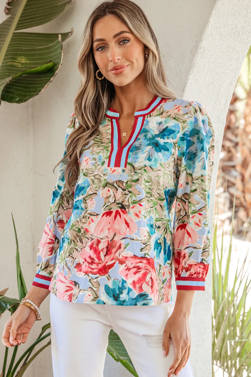 Sky Blue Contrast Trim V Neck Blouse