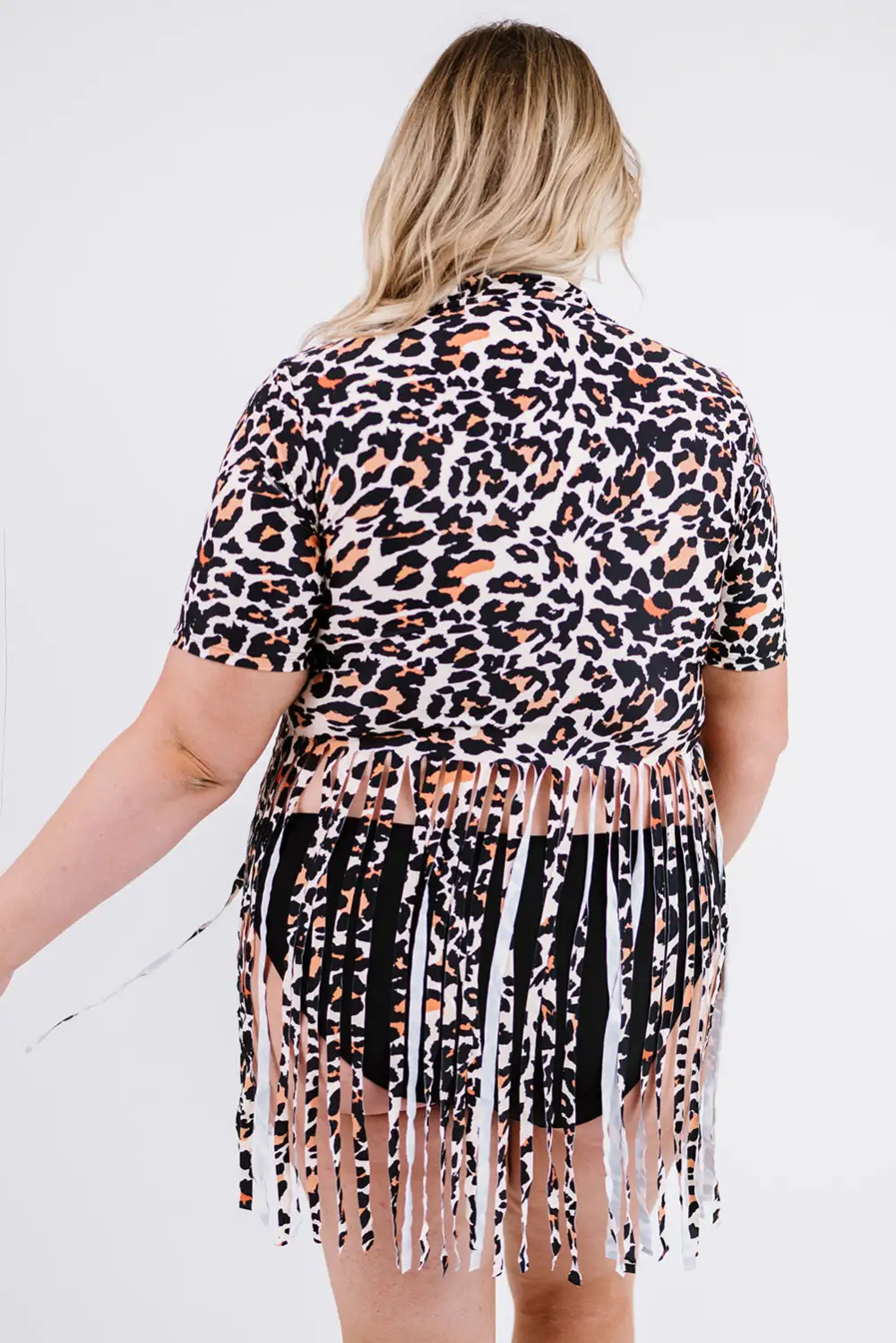 Swimwear Leopard Fringe Hem Round Neck Short Sleeve Sexy Tankini Set
