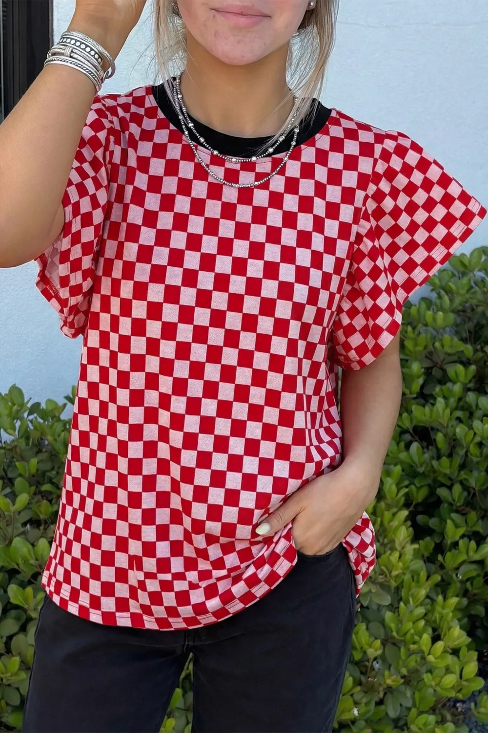 Red Checkered Print Ruffle Short Sleeve Top