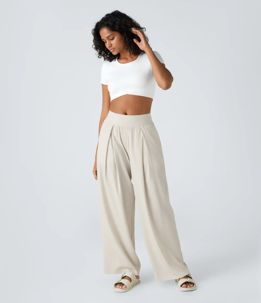 Mid Rise Side Pocket Wide Leg Casual Pants