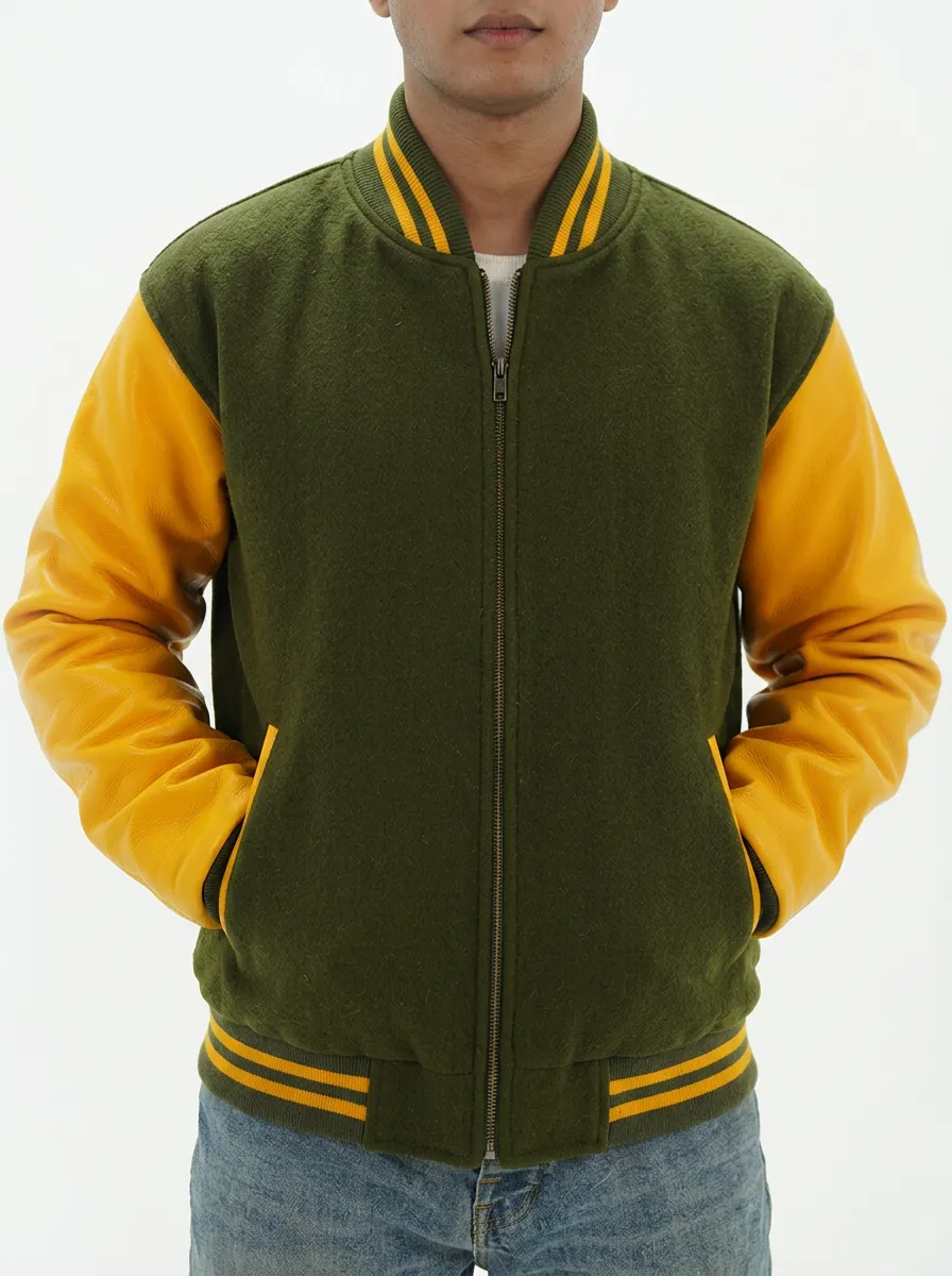 Men's Green & Yellow Colorblock Wool Baseball Jacket