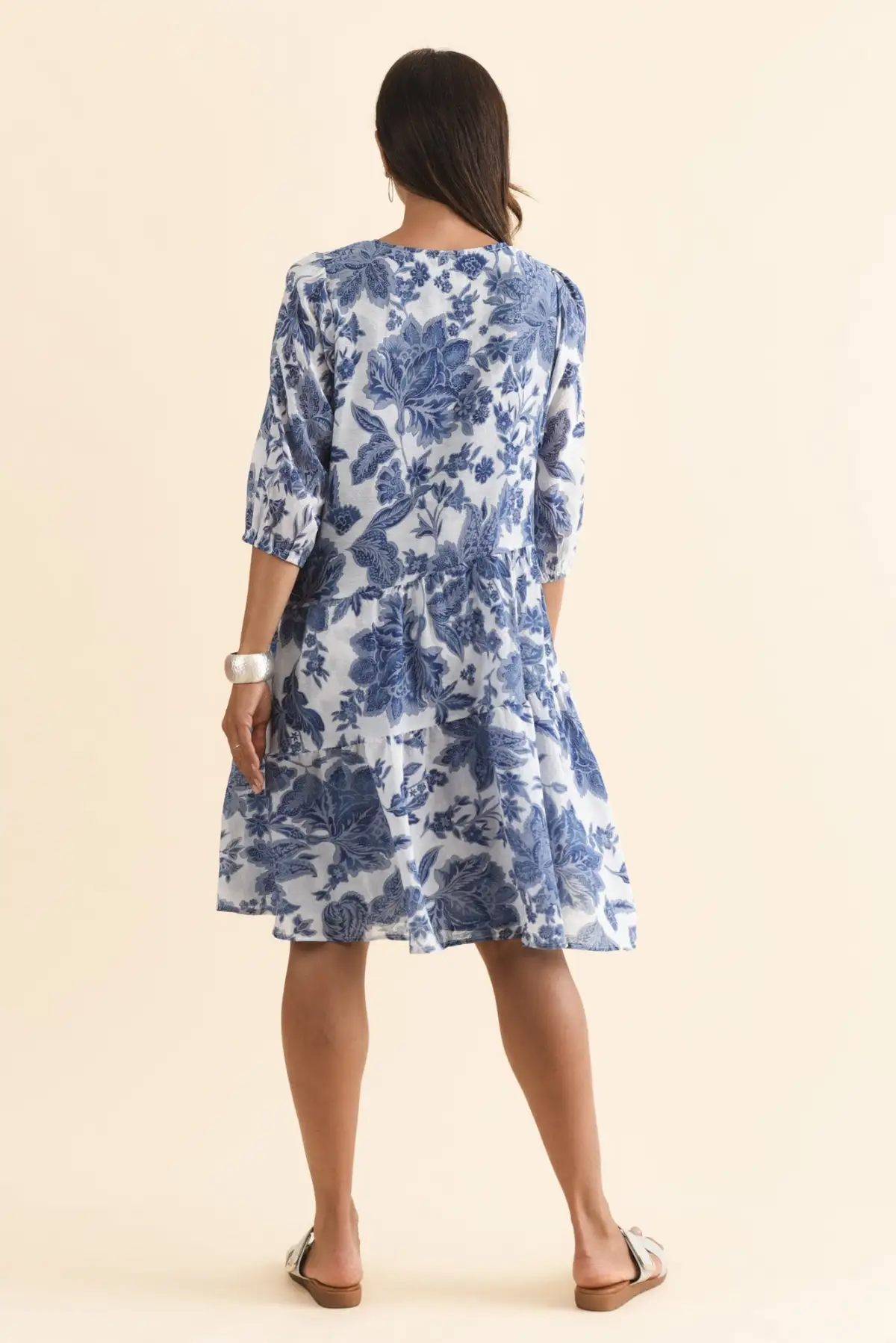 Above-Knee Floral Cotton Tiered Pocket Pleated V-Neck Dress