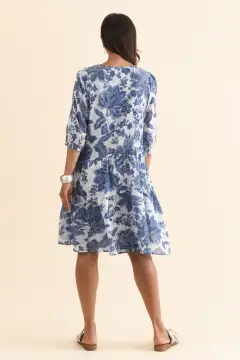 Above-Knee Floral Cotton Tiered Pocket Pleated V-Neck Dress