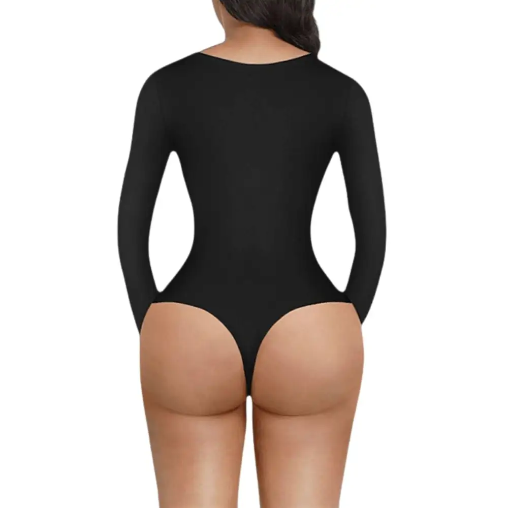 V Neck Long Sleeve Thong Bodysuit