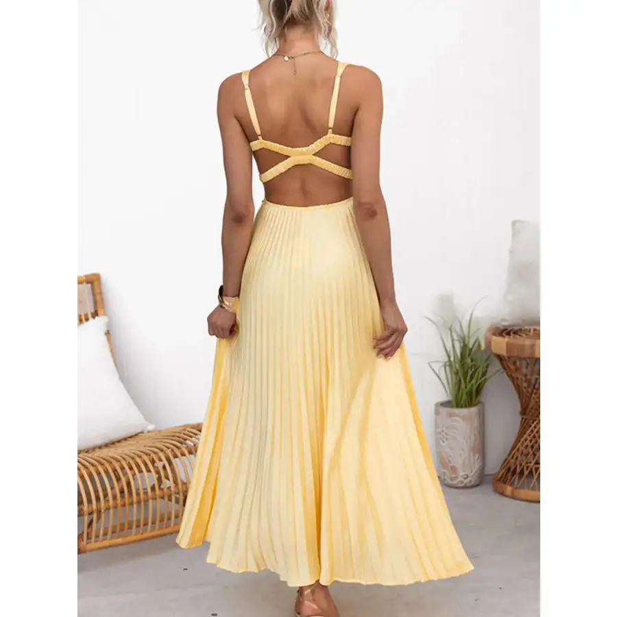 Pleated V Neck Sleeveless Maxi Dress