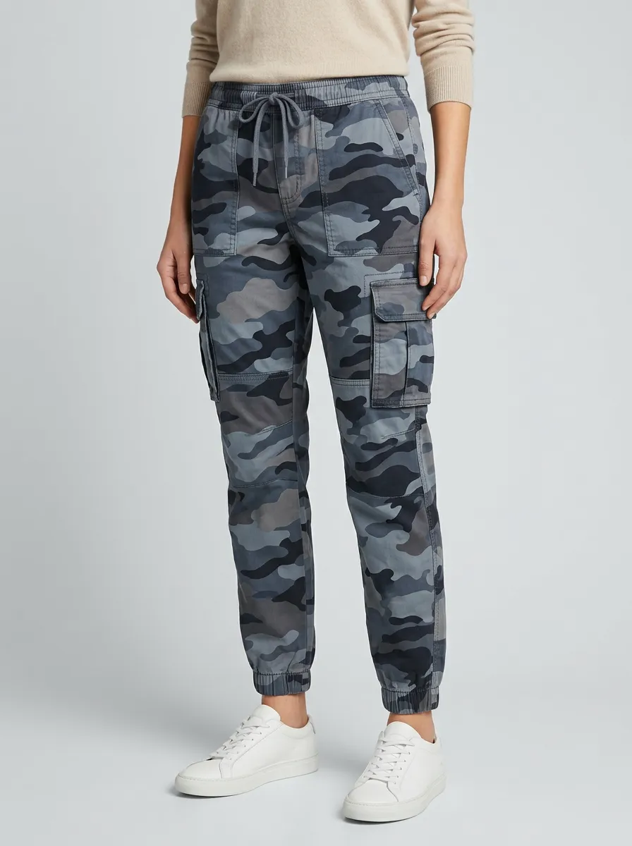 Women's Camouflage Mid-Rise Elastic-Waist Drawstring Flap-Pocket Patch-Pocket Cargo Joggers