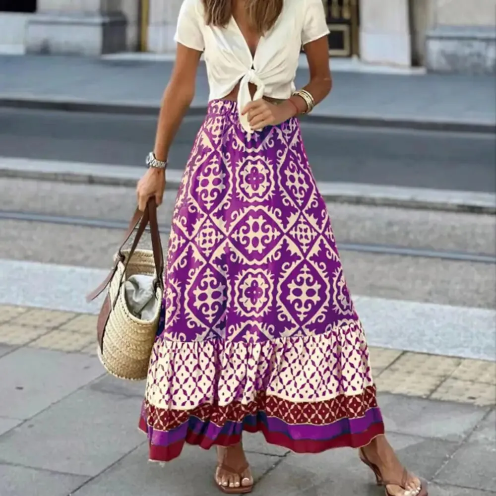  Boho Geometric Print Tiered Maxi Skirt