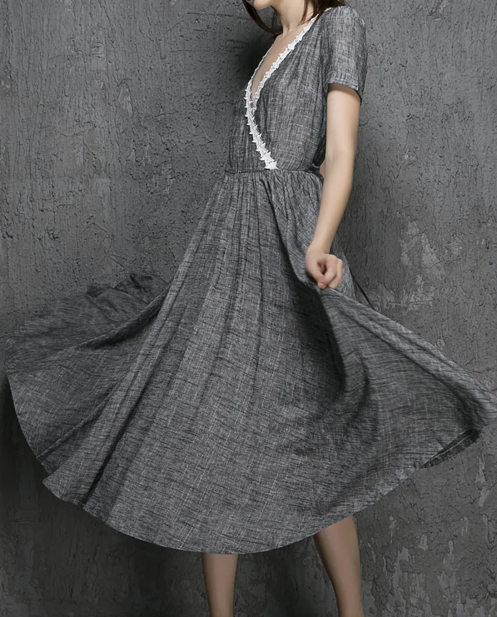 Refined Linen Fit And Flare Short Sleeve Midi Dress