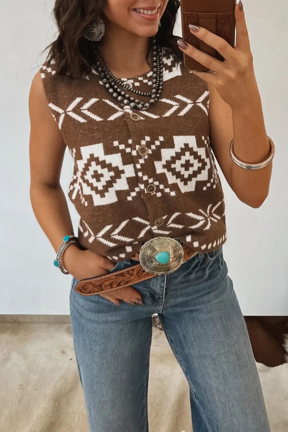 Geometric Button Square Neck Sweater Vest