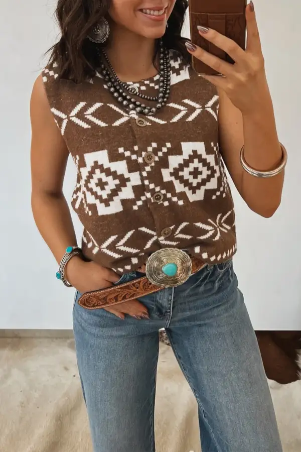 Geometric Button Square Neck Sweater Vest