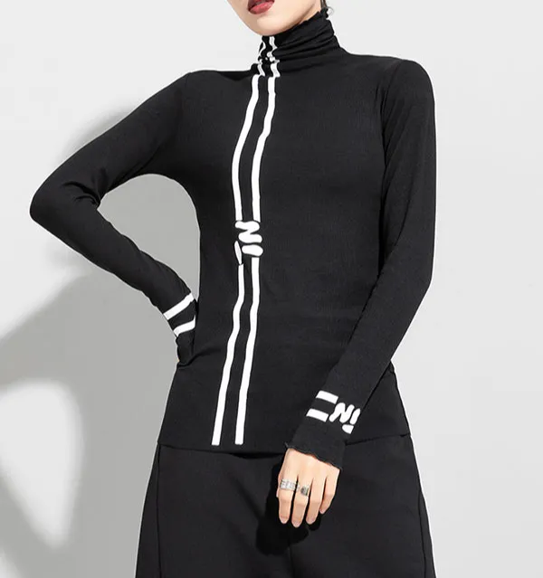 Print High Neck Long Sleeve T-Shirt